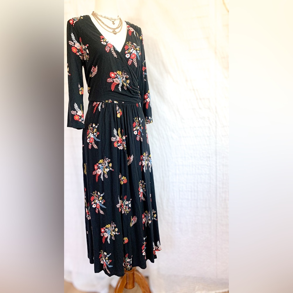 Boden Black Floral Wrap-Style Maxi Dress